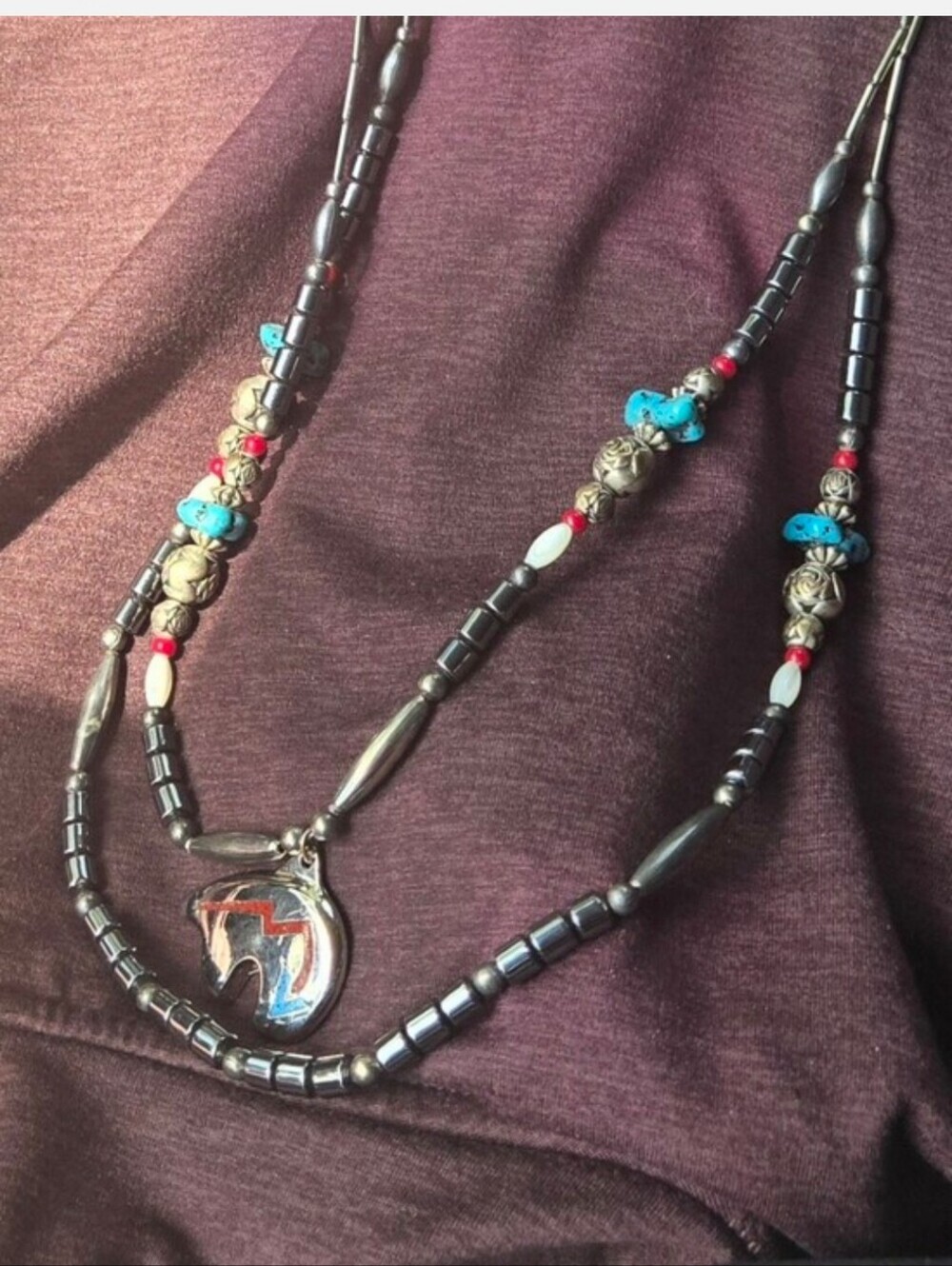 Vintage Navajo Spirit Bear Sterling Silver Turquoise Beaded Double Strand View 2